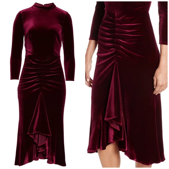 NWT Eliza J Burgundy Red Ruched Velvet Cocktail Dress Sz 10 - Picture 2 of 5